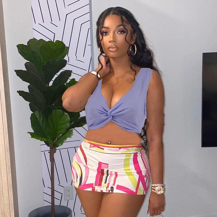 

2021 Summer Sexy Modern Print Deep V Neck Front Knot Sleeveless Crop Top And Mini Skirt Set Party Club Clothing -YS, Purple,gray,black,light purple,blue,green