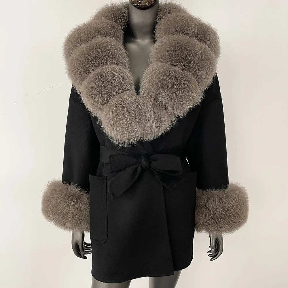 OFTBUY 2025 Winter Double-sided Cashmere Coat Luxury Wool Fox Fur Collar Women Casual Bamboo Collar and Fur Wool Genuine Coat