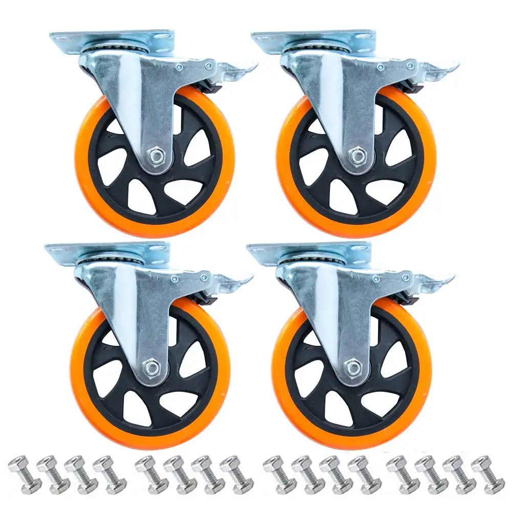 5英寸板脚轮轮圈180千克中型脚轮带制动橙色pu聚氨酯双锁定脚轮