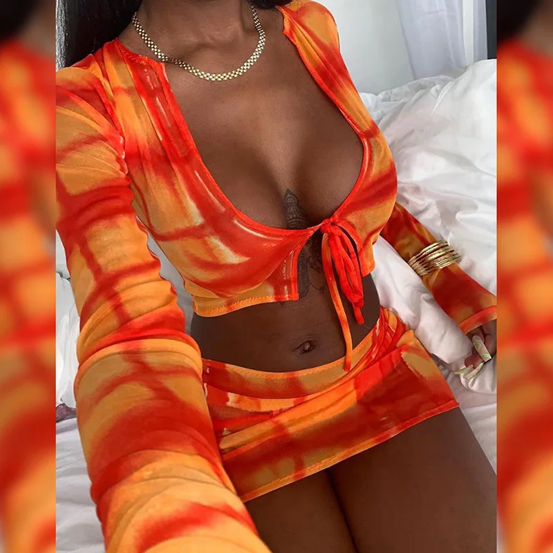 

OEM Lady See Through Two Piece Deep Neck Long Sleeve Bandage Club Outfits 2020 Summer Sexy Bodycon Dress