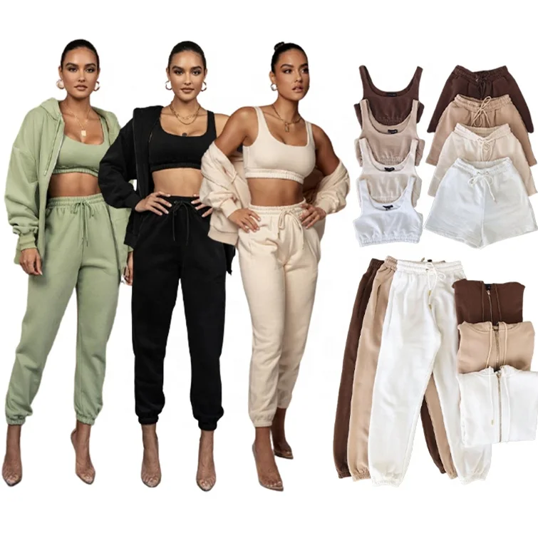 

2022 zip up hoodie set women custom womens two piece short set high quality cotton sweatpants women jogger set, Customized color