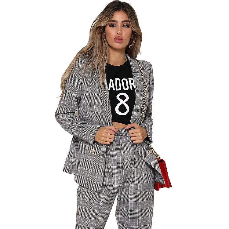 

Ladies plaid stripe casual suit women double breasted blazer