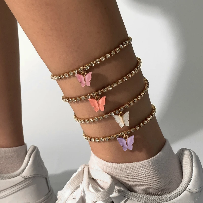 

2020 New Fashion Charm Sexy Crystal Foot Jewelry For Women Bling Rhinestone Tennis Chain Anklet Cute Acrylic Butterfly Anklet, Colorful butterfly