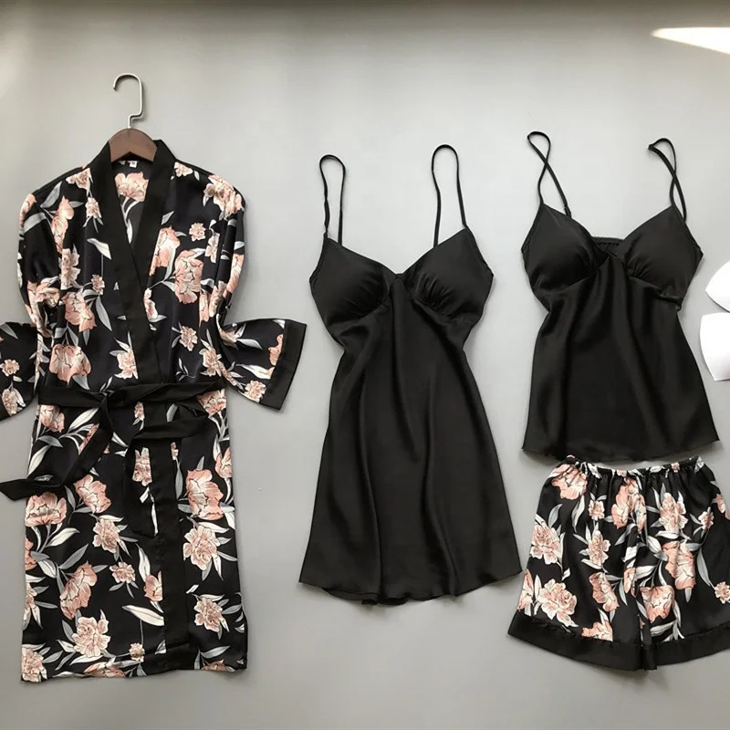 

Four Pieces Silk Custom Pajama Set Floral Printed Silk Satin Sleepwear Home Wear for Women