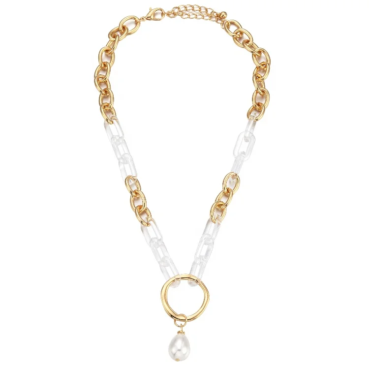 

Dina Factory Wholesale Long Gold Plated White Acrylic Chain Necklace With Pearls Pendant For Girls