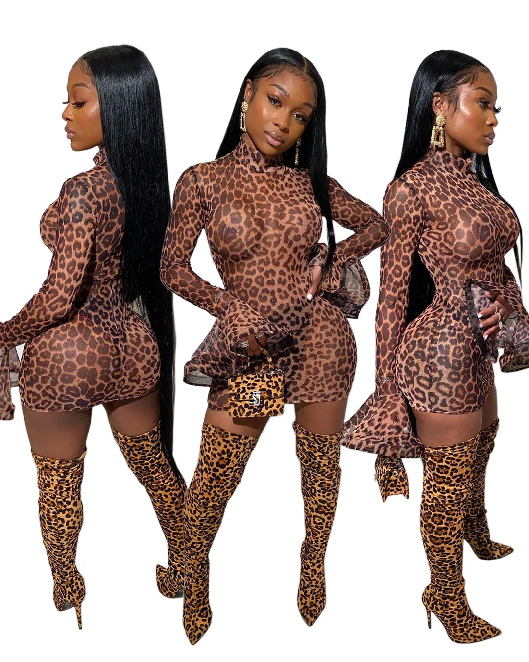 

2021 Sexy Leopard Printed Long Flare Sleeve Mini Dress Women Clothes Night Club Wear Dress For Women, Brown