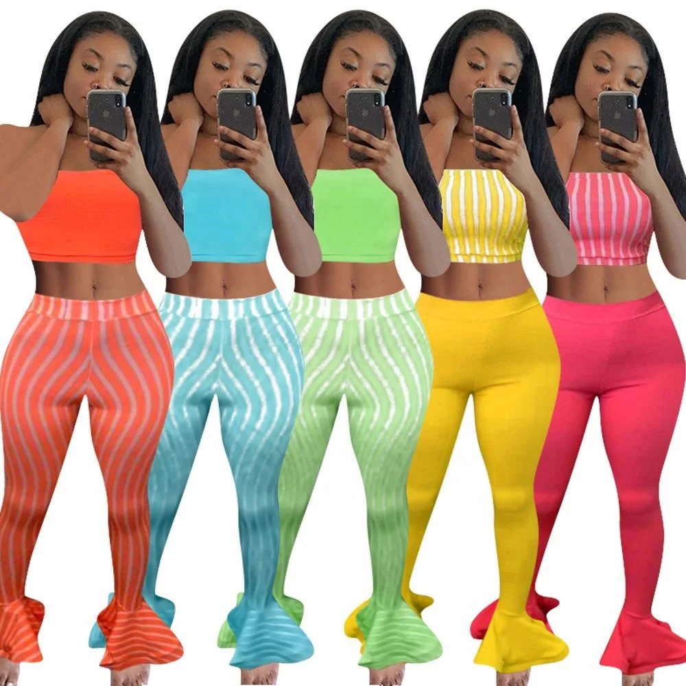 

Hot Sell Crop Tops Bustier With Bell Summer Outfits Women's High Waist legging Printed Striped Ttwo Piece Pants Set, Shown