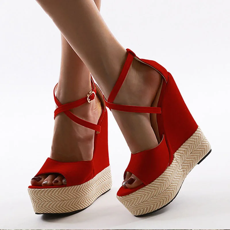 

2021 New Woman Straw Summer Sandals Woman Platform Wedge high heels Party Red women shoes, As pictures