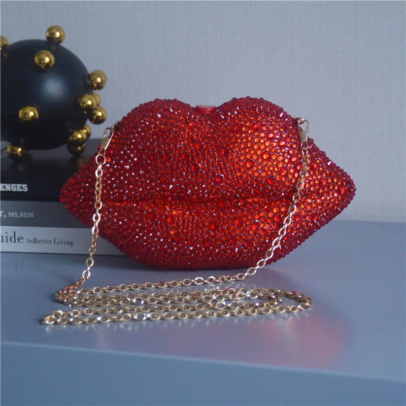 

Luxury Ladies Bling Party Beaded Lip Shape Banquet Rhinestones Bag Rhinestone Purse Woman Diamond Evening Clutch Handbag, Red