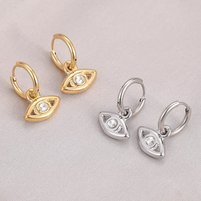 

European 14K Gold Plated 316L Stainless Steel Evil Eyes Earring Waterproof Cubic Zircon Devil Eyes Hoop Earring