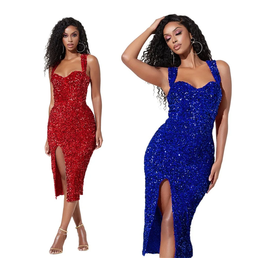 

C8129 New Women Long Beaded Blue Sequined Dresses High Slit Strap Sexy Club Party Evening Dress