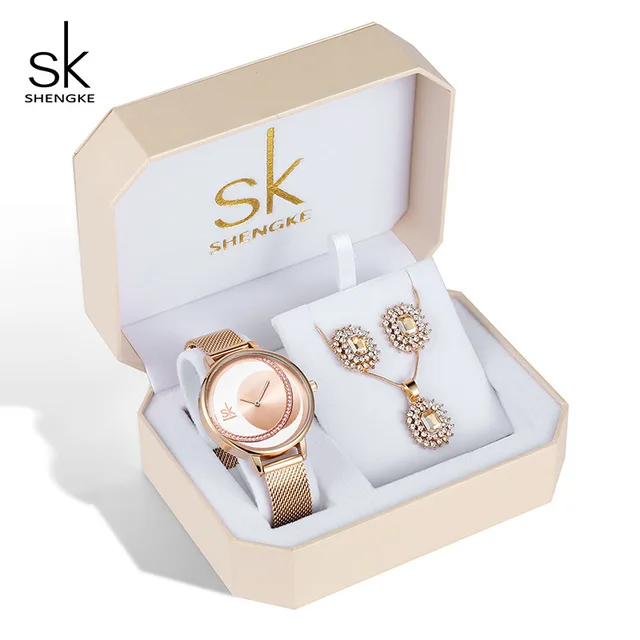 

Creative Shengke SK Women Watch Set Crystal Earrings Necklace Ladies Quartz Watch Reloj Mujer Women Bracelet Watches Set Gifts