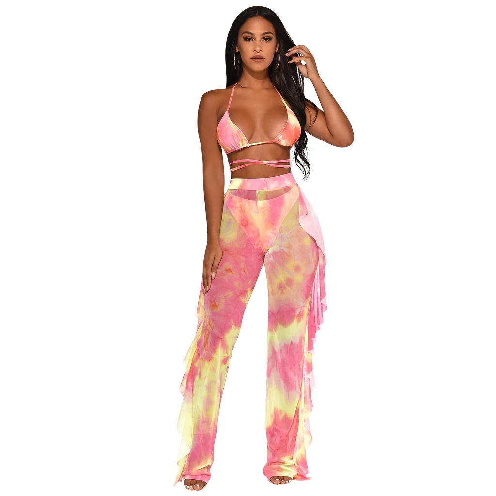 

Mesh see through women sexy club clothes 2 piece pant and bra set