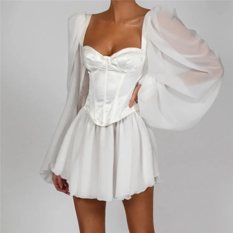 

Summer 2021 Hot Lantern Sleeve White Mini Chiffon Sexy Bodycon Dress for Women Ins Style