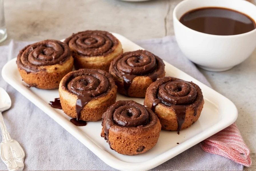 Assortment of freshly baked chocolate cinnamon rolls with glossy chocolate glaze on wooden serving platter