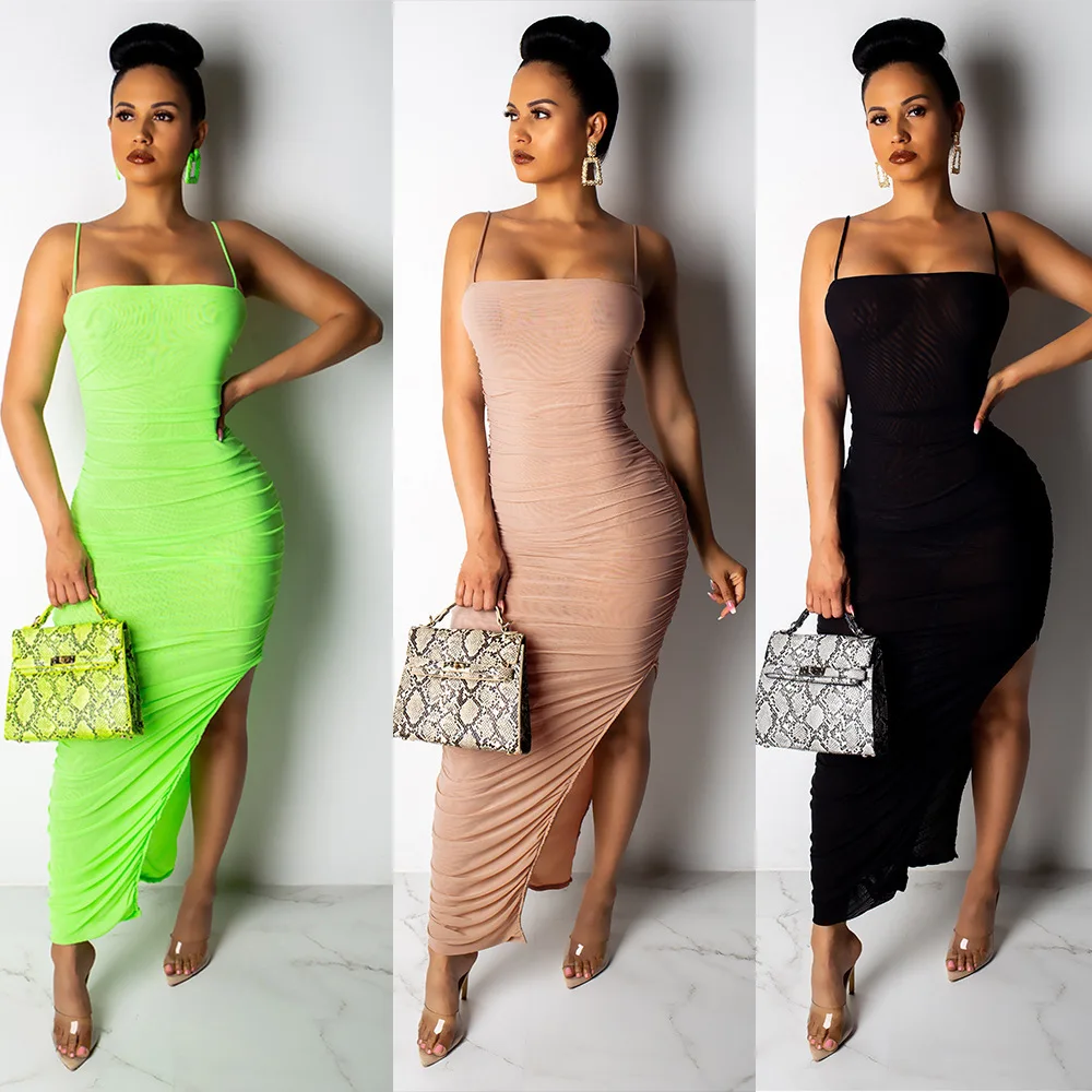 

2021 nightclub pure color mesh bandage dress womens suspender sexy midi skirt dresses for women