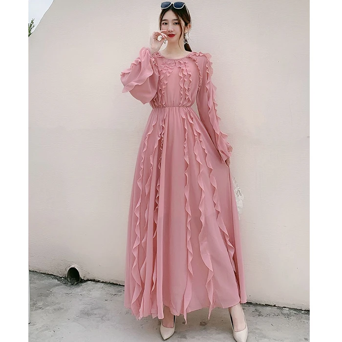 

Korean 2021 Women Long Sleeve Dresses Clothing chiffon dress woman summer korean chiffon dress, Grey