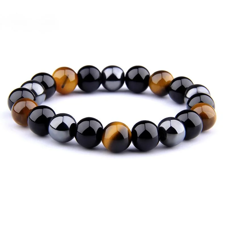 

Bring Luck And Prosperity Natural Hematite Black Obsidian Tiger Eye Stone Triple Protection Bracelet for men women