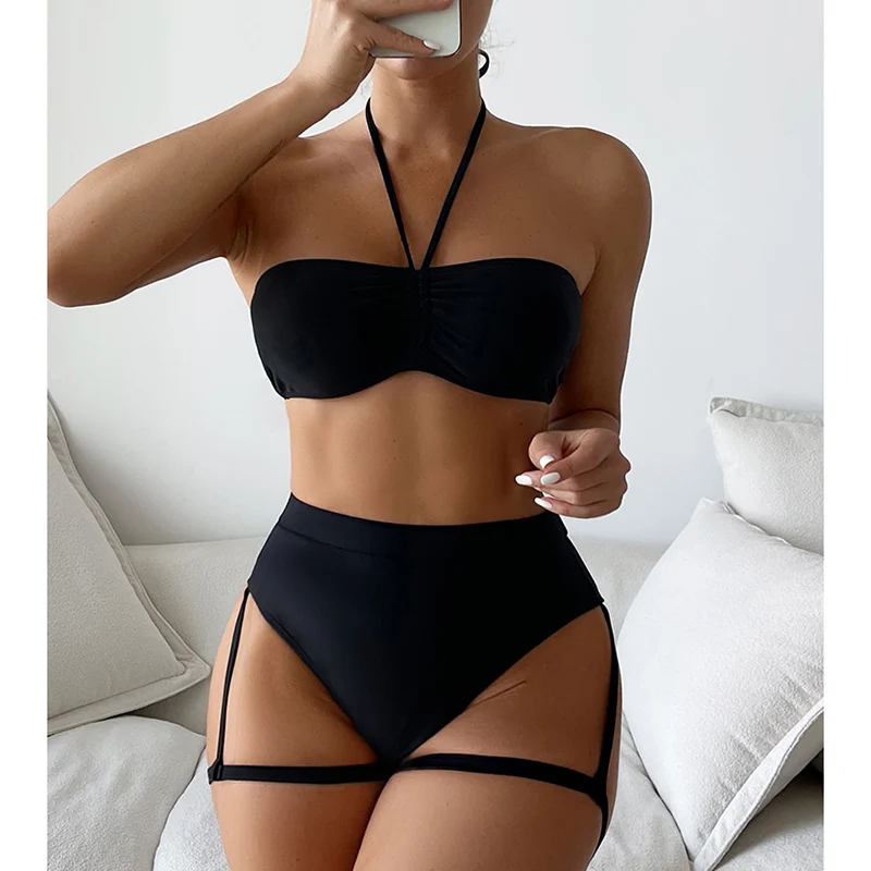 

Sexy High Waist Women Bikini Set Cut Out Women's Swimsuit 2022 New Drawstring Swimwear Halter Biquini Solid Beach Wear