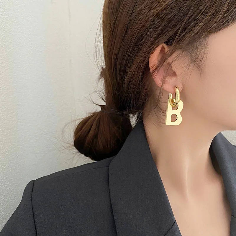 

ED87212 Fashion design gold plated brass women jewelry big letter B charm drop hoop earrings