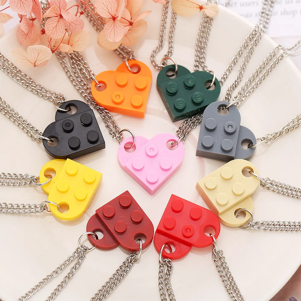 

17KM Punk 2Pcs Heart Brick Couples Love Necklace For Lovers Women Men Legos Elements Friendship Necklace Valentines Gift Jewelry, Silver