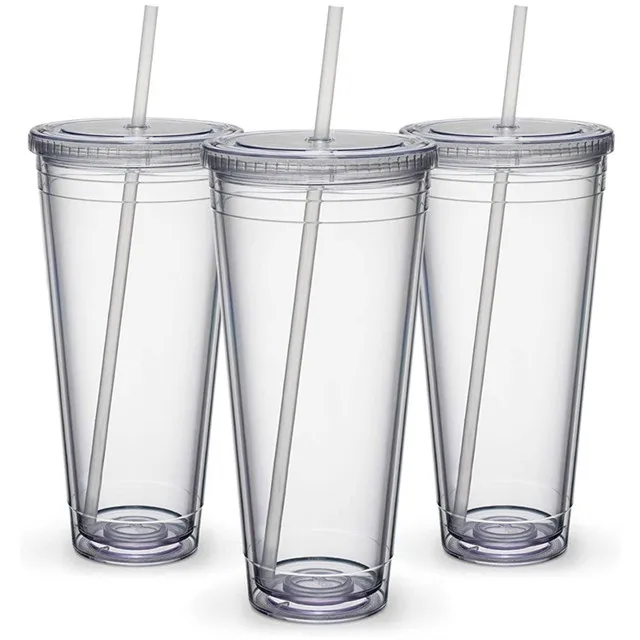 

24oz Reusable Travel Ice Coffee Mugs Double Wall Insulate Clear Plastic Tumblers With Straw And Lid In Bulk
