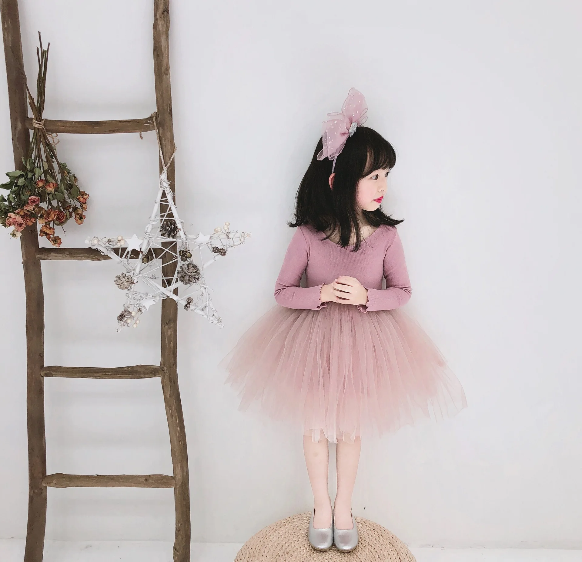 Sweet Girl Long Sleeve Pink Patchwork Tulle Dress Spring Autumn Kid Girl Black Tutu Dress Girl Birthday Outfit Dress 1-7T