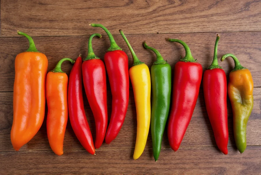 Various types of spicy peppers arranged by heat level from mild to extreme on a wooden table