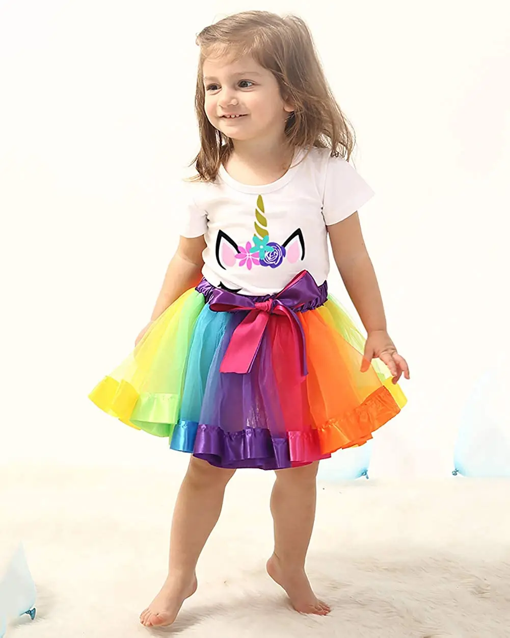 

Girls Layered Rainbow Tutu Skirt Bow Dance Ruffle