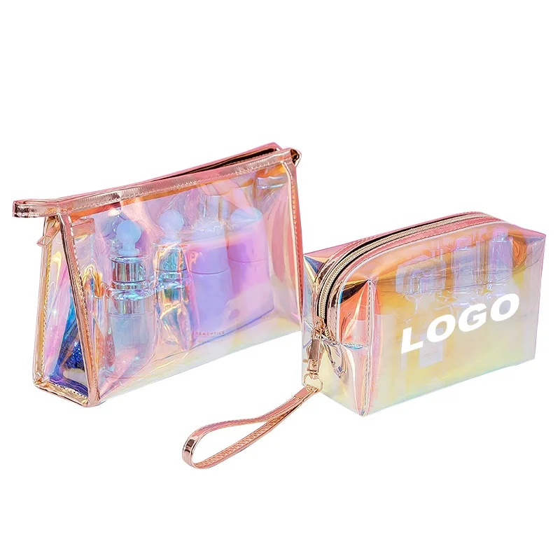 

Low MOQ 5pcs Custom Logo New Fashion Transparent Laser Cosmetic Pouch Luxury Print Clear Holographic Makeup Bag, Colorful