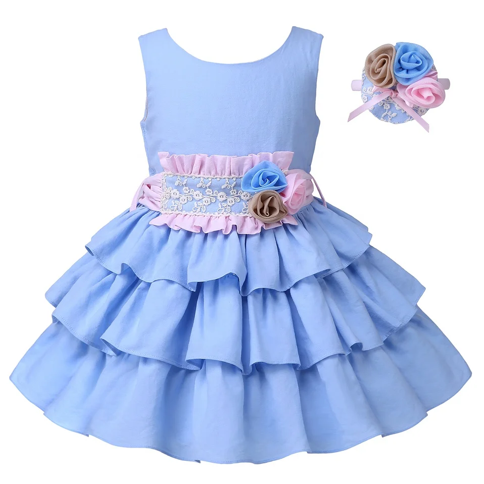 

OEM Pettigirl Girl Dresses Blue boutique kids clothing Sleeveless girl dress with Bow