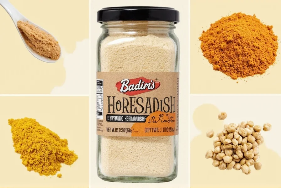 Spice rack featuring a jar of ground horseradish