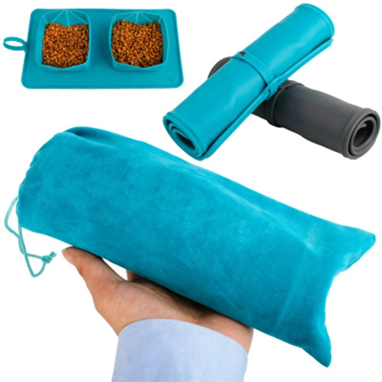 

easy folding cloth silicone material anti-skid dog cat double bowl for outdoor