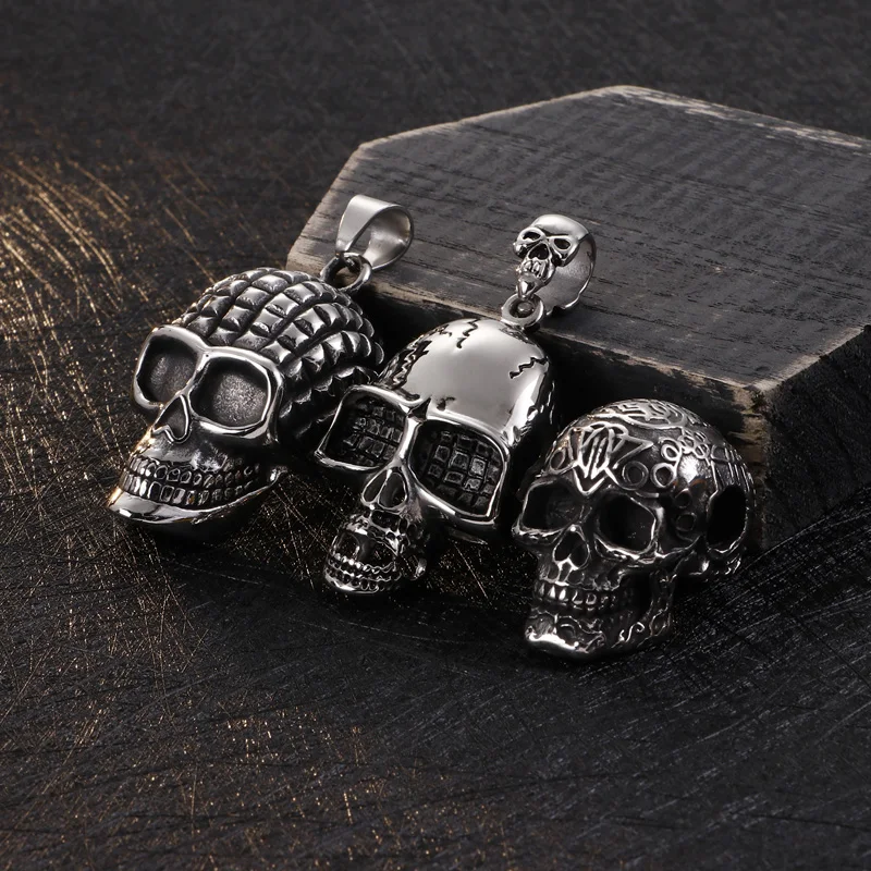 

KALEN Punk Mens Skull Jewelry Stainless Steel Beads Skull Skeleton Head Pendant Necklace For Men