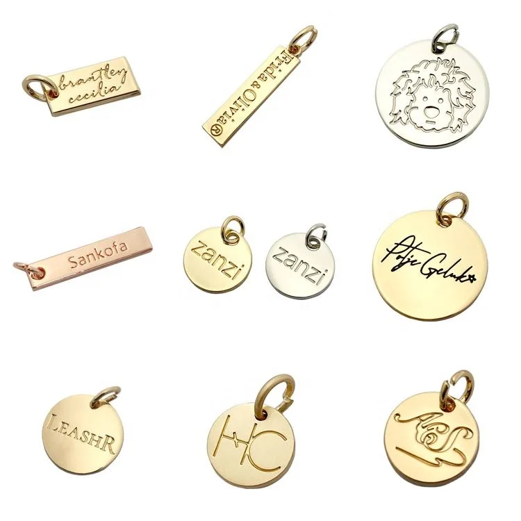 

Zinc alloy charm custom embossed brand logo jewelry hang tags for pendant necklace, Gold,silver or custom