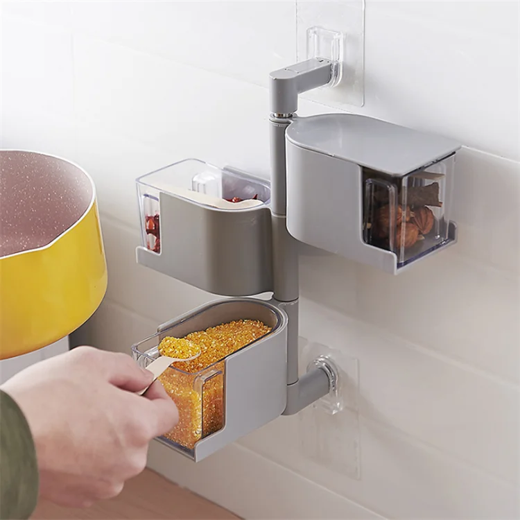 

3-Tier 360 Degree Rotating Condiment Container Rotating Wall Mount Spice Rack 2-Tier 4-Tier, White and grey