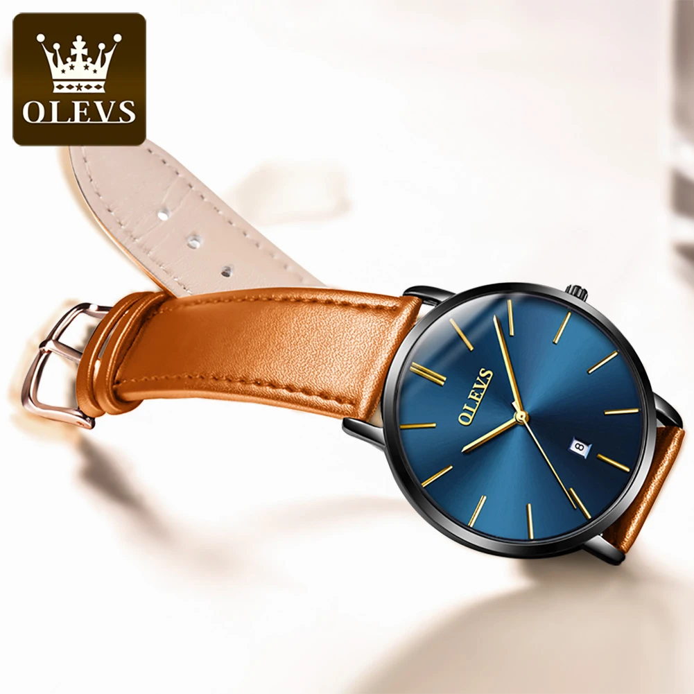 

OLEVS Brand College style Wristwatch Fashion Minimalist Waterproof Genuine Leather Quartz Watch For Men