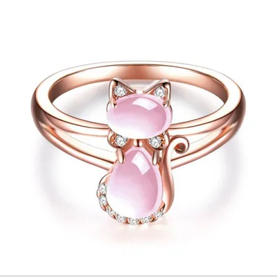 

2021 Hot Selling Pink Quartz Cat Ring Rose Quartz Powder Crystal Ring Diamond Ring For Women, Multicolor