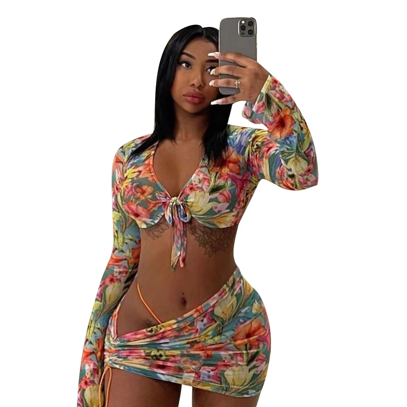 

2021 Floral Printed Bikini Set Women's Mesh Sheer Swimwear Sets Lace Up Tops +High Waist Skirts Swimsuit Beachwear Bathing Suit