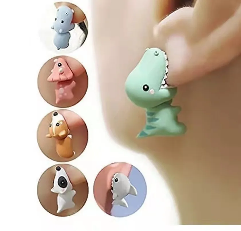 

1 Pair Stud Cute Animal Bite Earrings Cartoon Soft Clay Tyrannosaurus Bite Cuff Earring Dinosaur Earrings Party Fun Gifts