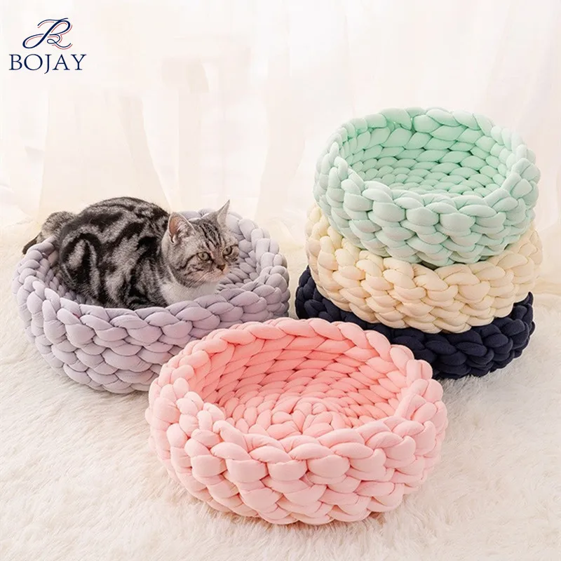 

Dog Cat Handmade Luxury Thick Rope Braided Cotton Chunky Knit Soft Cushion Puppy Kitty Sleeping Knitting Knotted Pet Bed Nest