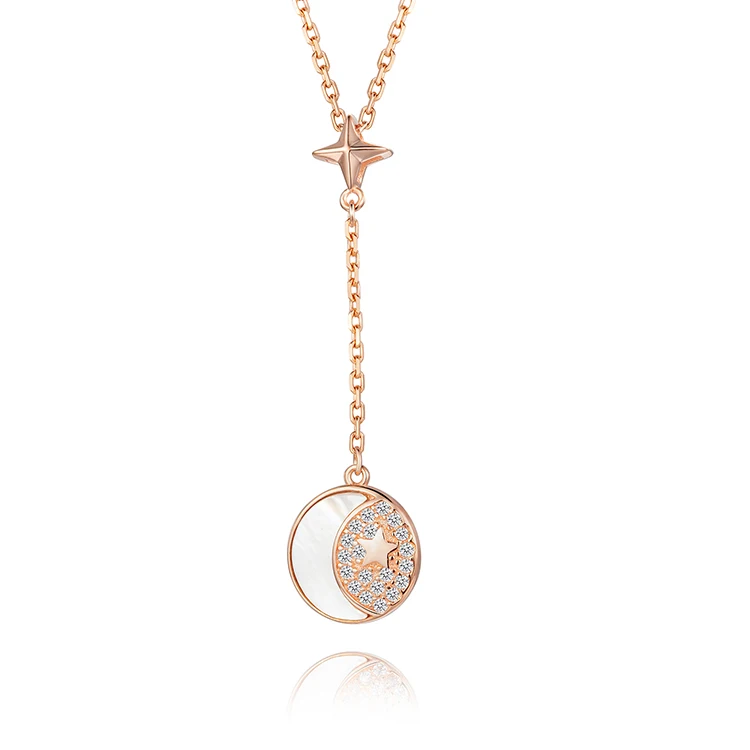 

KN3B Female Rose Gold Bling Cubic Zirconia Star Necklace Bridesmaid Shell Moon Sterling Silver Jewellery