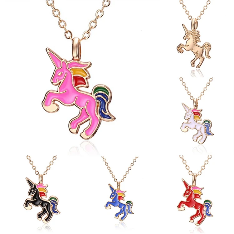 

Fashion 7 Colors Cartoon Children Party Accessories Enamel Horse Unicorn Choker Pendant Necklace For Women, As shown