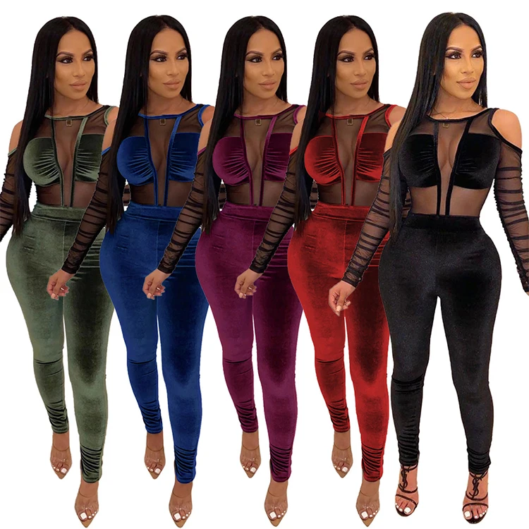 

Latest Design New Fashion Sexy One Piece Clothes Velvet long Jumpsuit Women