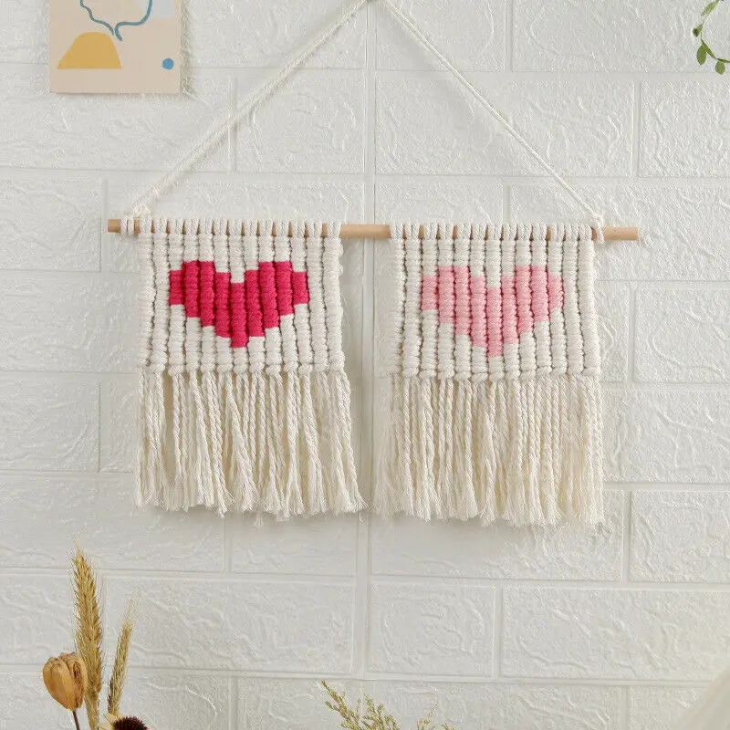 

Nodic Hand-woven Love Heart Macrame Tapestry Decor Boho Knitting Rope Tassel Wall Hanging Kids Room Decor, Multicolor