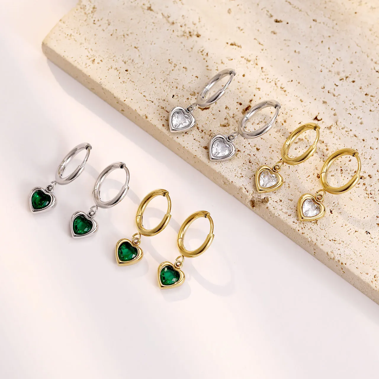 

2023 New Arrival Luxury 14K Gold Plated Drop Earrings CZ Zircon Emerald Gemstone Heart Hoop Earrings For Women