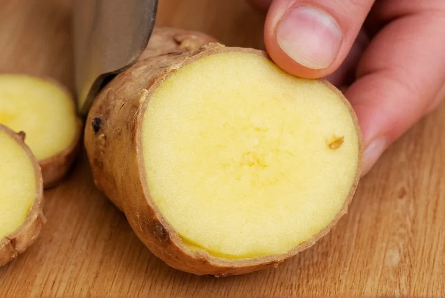 Fresh ginger root being sliced for tea preparation showing the fibrous interior and brown skin
