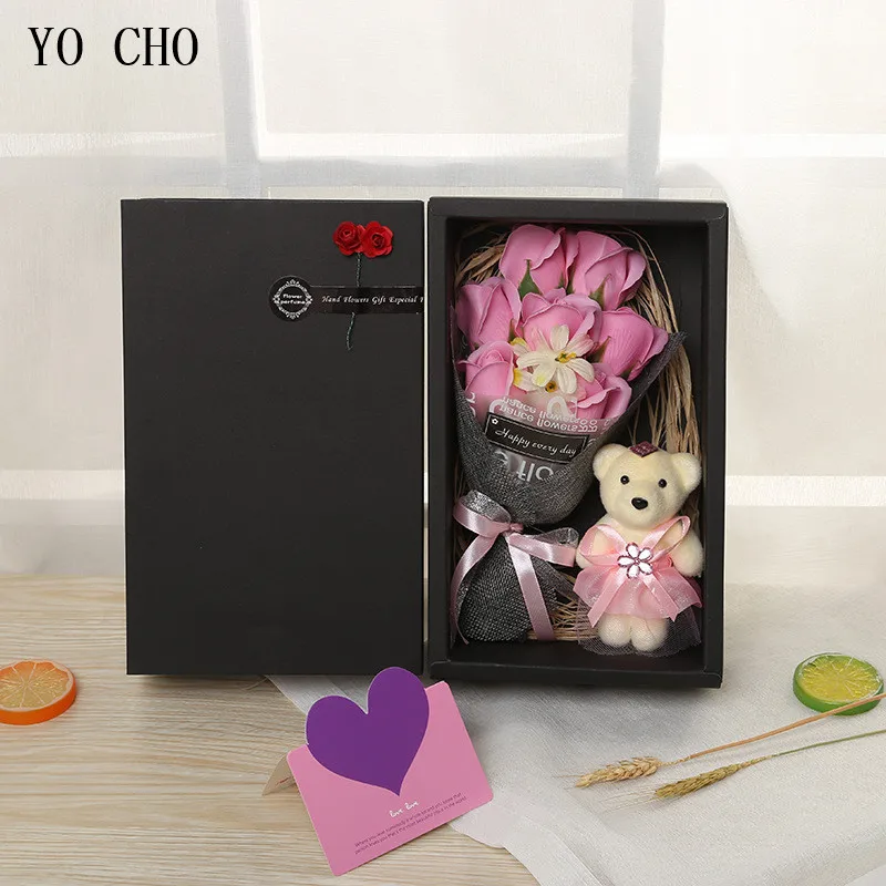 Details about   7pcs Romantic Rose Soap Flower Heads Artificial Flowers With Plush Bear Gift Box 