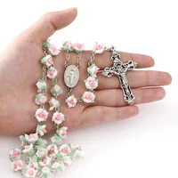 

Catholic Polymer Clay Flower Rosary Necklace Beautiful Rose Soft Ceramic Bead Rose Rosary Catholic Crucifix Necklace