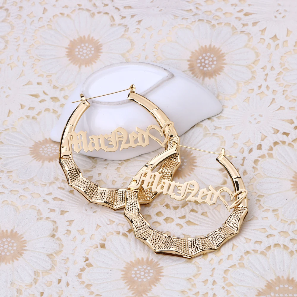 

70mm Hiphop Name Bamboo Hoop Earrings set silver hoop earrings accessories, Gold/rose gold/ silver